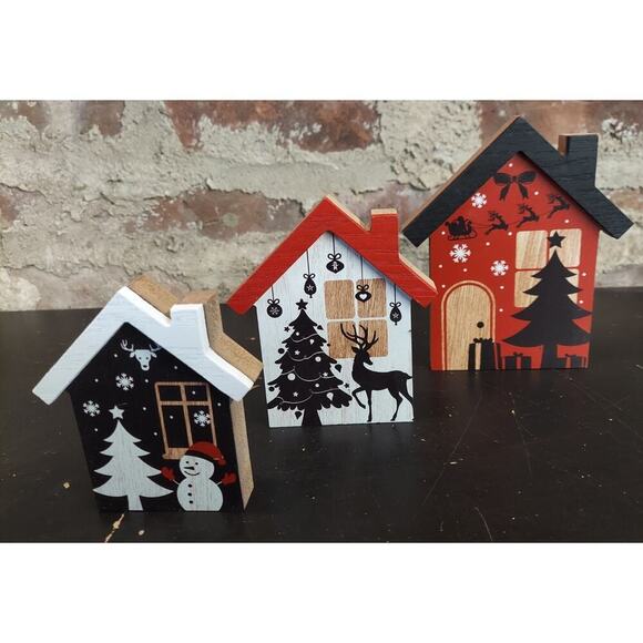 Wooden Other - New Wooden Houses Set Christmas Decor Tree Reindeer Red Snowman Santa Decoration
